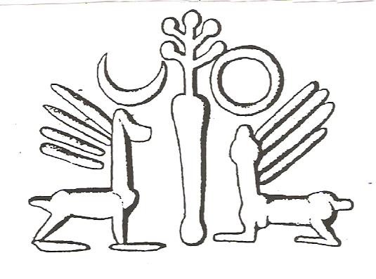 5. ábra: Hurrita/szabír pecséthenger Kr. e. II. évezredből kettős kereszt alakú világfával