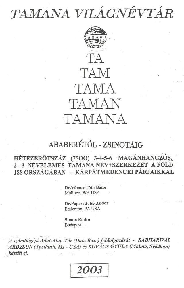 Tamana Világnévtár fedlapja