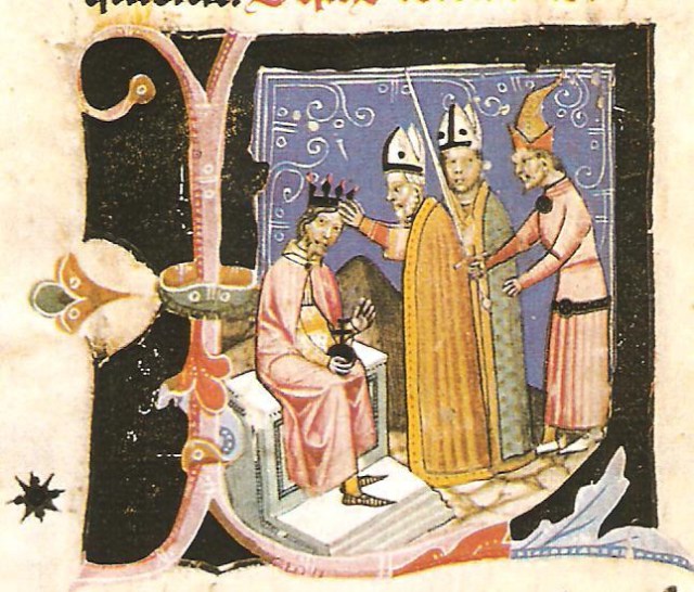 A Képes Krónika képe: Koronázás háttérben piramissal (Országos Széchenyi Könyvtár)